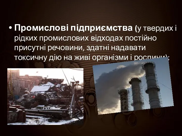 Промислові підприємства (у твердих і рідких промислових відходах постійно присутні