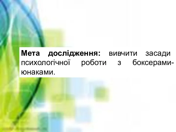 Мета дослідження: вивчити засади психологічної роботи з боксерами-юнаками.