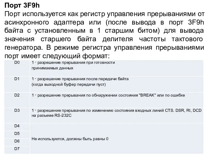 Порт 3F9h Порт используется как регистр управления прерываниями от асинхронного
