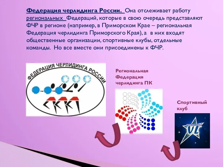 Федерация черлидинга России. Она отслеживает работу региональных Федераций, которые в