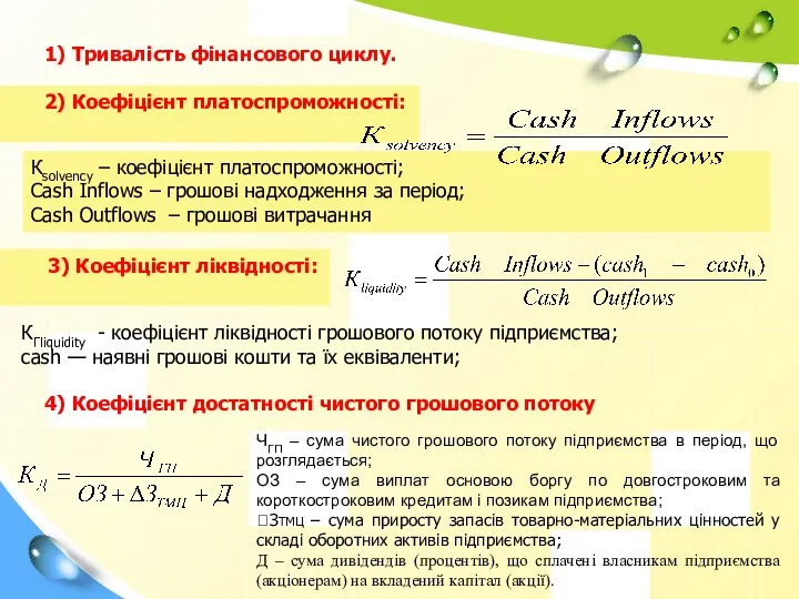 1) Тривалість фінансового циклу. 2) Коефіцієнт платоспроможності: 4) Коефіцієнт достатності