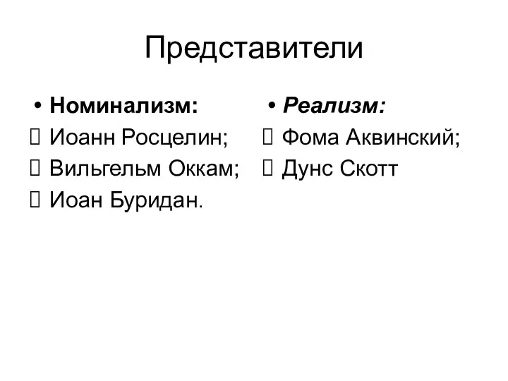 Представители Номинализм: Иоанн Росцелин; Вильгельм Оккам; Иоан Буридан. Реализм: Фома Аквинский; Дунс Скотт