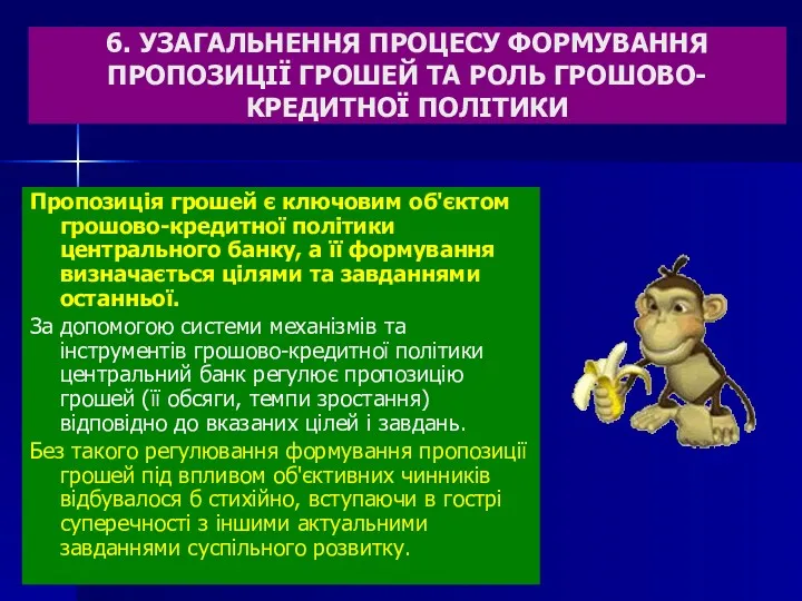 6. УЗАГАЛЬНЕННЯ ПРОЦЕСУ ФОРМУВАННЯ ПРОПОЗИЦІЇ ГРОШЕЙ ТА РОЛЬ ГРОШОВО-КРЕДИТНОЇ ПОЛІТИКИ