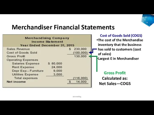 Merchandiser Financial Statements Cost of Goods Sold (COGS) The cost of the Merchandise