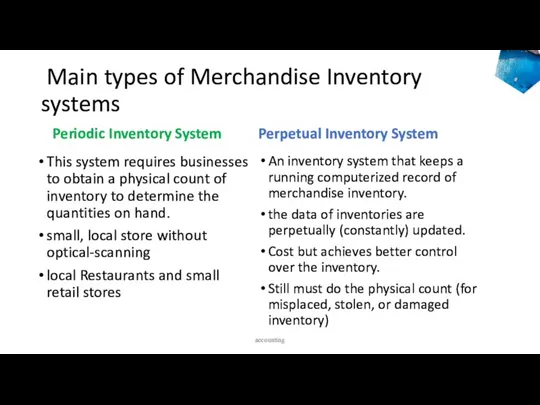 Main types of Merchandise Inventory systems Perpetual Inventory System An inventory system that