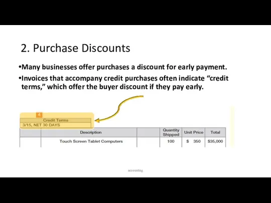 2. Purchase Discounts Many businesses offer purchases a discount for early payment. Invoices