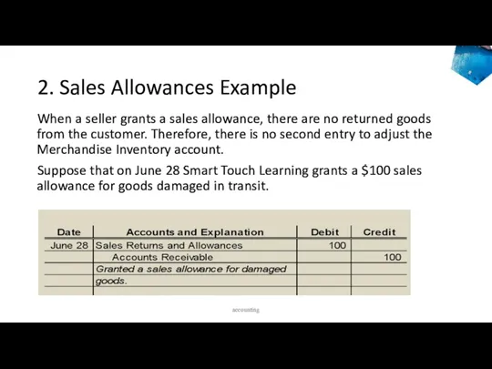 2. Sales Allowances Example When a seller grants a sales allowance, there are