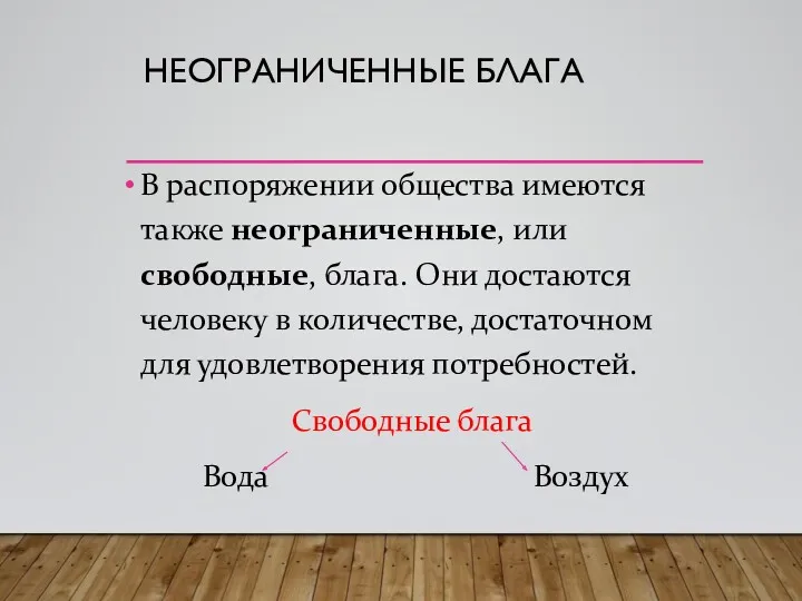 НЕОГРАНИЧЕННЫЕ БЛАГА В распоряжении общества имеются также неограниченные, или свободные,