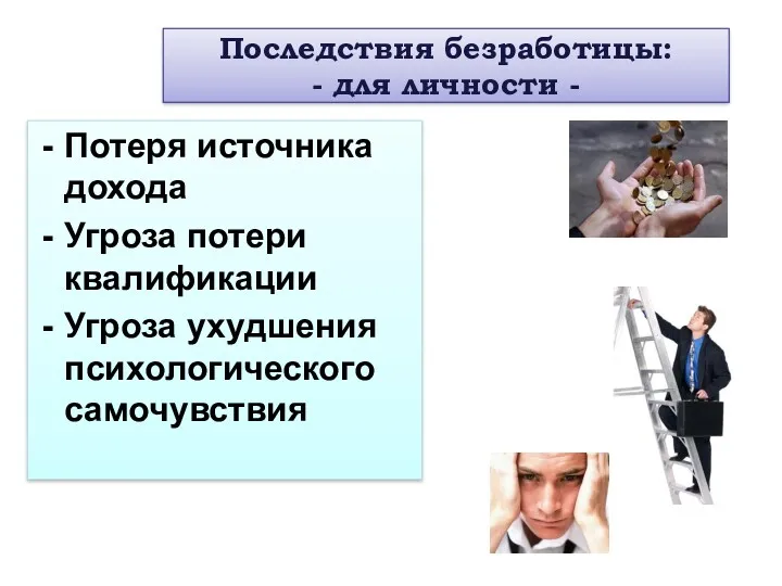 Последствия безработицы: - для личности - Потеря источника дохода Угроза потери квалификации Угроза ухудшения психологического самочувствия