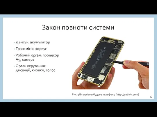 Закон повноти системи Двигун: акумулятор Трансмісія: корпус Робочий орган: процесор