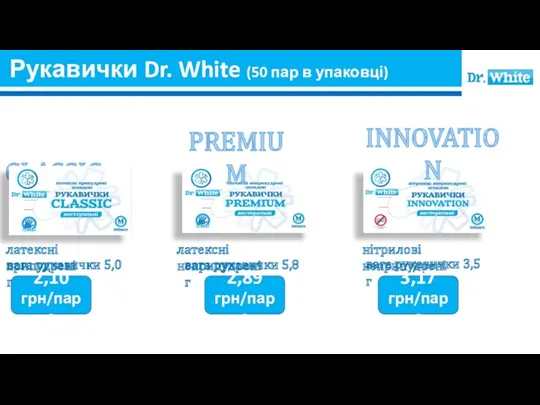 CLASSIC вага рукавички 5,0г Рукавички Dr. White (50 пар в упаковці) 2,10 грн/пара