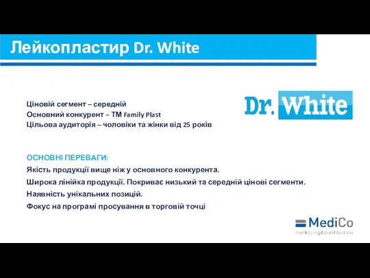 Лейкопластир Dr. White Ціновій сегмент – середній Основний конкурент – ТМ Family Plast