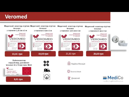 Veromed 13,16 грн 15,50 грн 21,61 грн 25,60 грн Медичний пластир-стрічка Veromed з