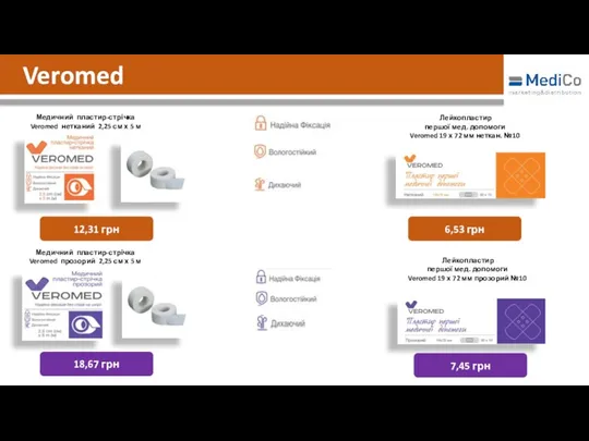 Veromed 12,31 грн 6,53 грн Медичний пластир-стрічка Veromed нетканий 2,25
