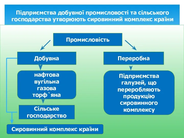 Підприємства добувної промисловості та сільського господарства утворюють сировинний комплекс країни