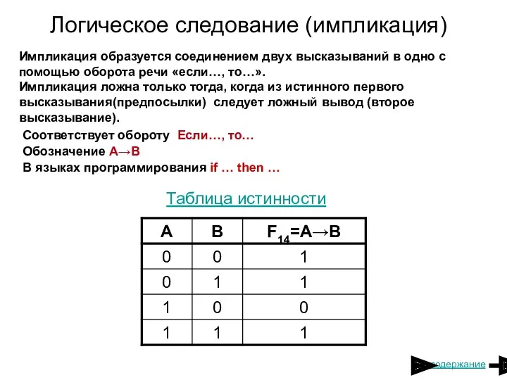 Логическое следование (импликация) Соответствует обороту Если…, то… Обозначение А→В В