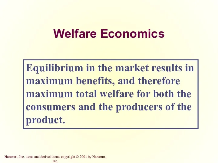 Welfare Economics Equilibrium in the market results in maximum benefits,