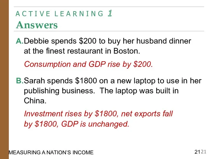 MEASURING A NATION’S INCOME A. Debbie spends $200 to buy