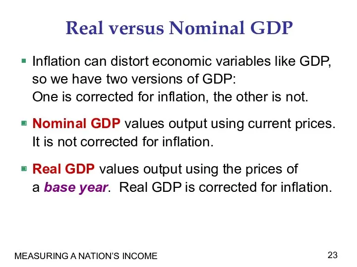 MEASURING A NATION’S INCOME Real versus Nominal GDP Inflation can