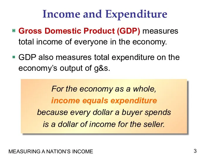 MEASURING A NATION’S INCOME Income and Expenditure Gross Domestic Product