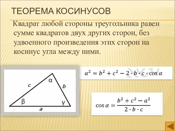 ТЕОРЕМА КОСИНУСОВ Квадрат любой стороны треугольника равен сумме квадратов двух других сторон, без