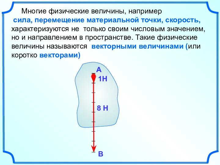 Многие физические величины, например сила, перемещение материальной точки, скорость, характеризуются