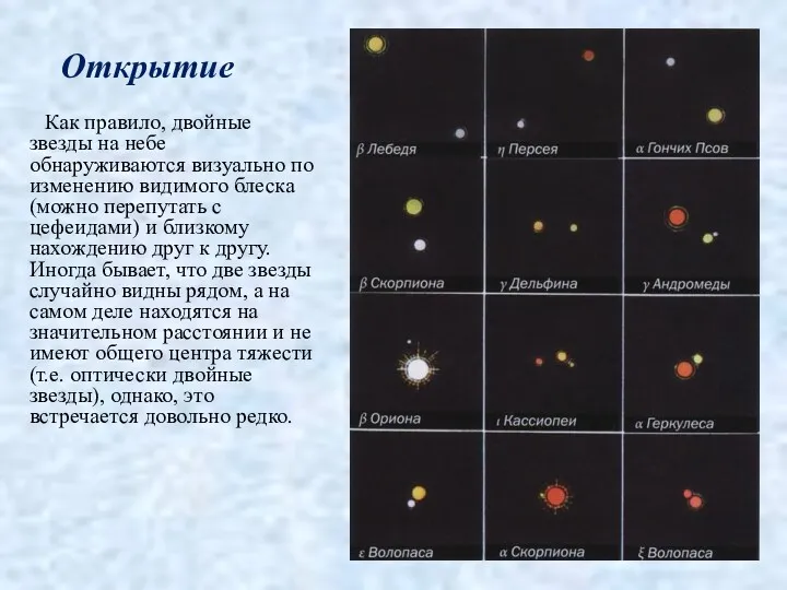 Открытие Как правило, двойные звезды на небе обнаруживаются визуально по