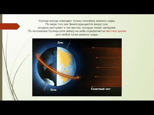 Солнце всегда освещает только половину земного шара. По мере того