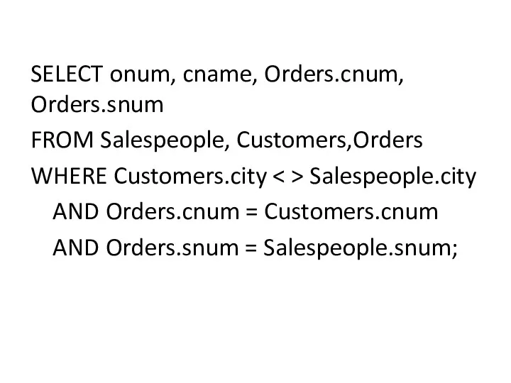 SELECT onum, cname, Orders.cnum, Orders.snum FROM Salespeople, Customers,Orders WHERE Customers.city