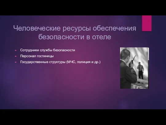 Человеческие ресурсы обеспечения безопасности в отеле Сотрудники службы безопасности Персонал