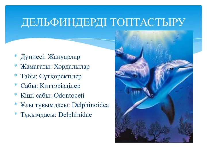 ДЕЛЬФИНДЕРДІ ТОПТАСТЫРУ Дүниесі: Жануарлар Жамағаты: Хордалылар Табы: Сүтқоректілер Сабы: Киттәрізділер