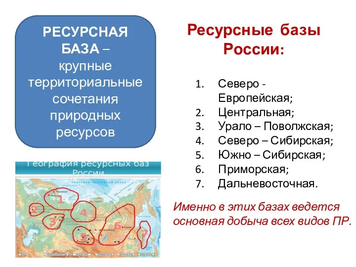 РЕСУРСНАЯ БАЗА – крупные территориальные сочетания природных ресурсов Ресурсные базы