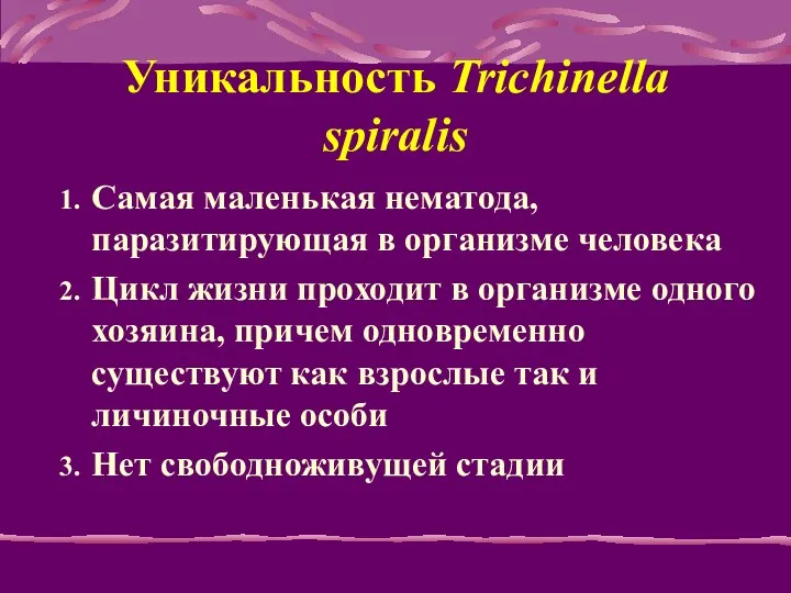 Уникальность Trichinella spiralis Самая маленькая нематода, паразитирующая в организме человека