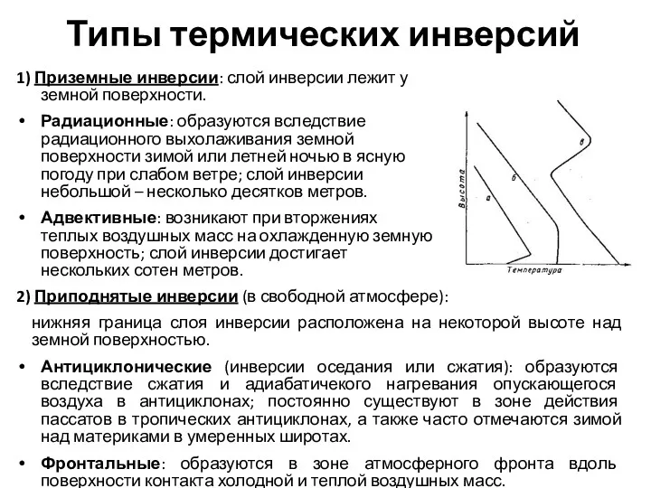 Типы термических инверсий 1) Приземные инверсии: слой инверсии лежит у