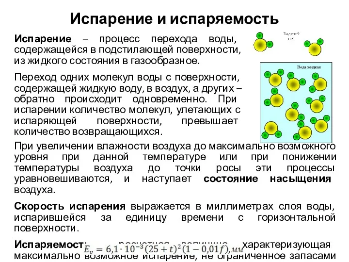 Испарение и испаряемость Испарение – процесс перехода воды, содержащейся в