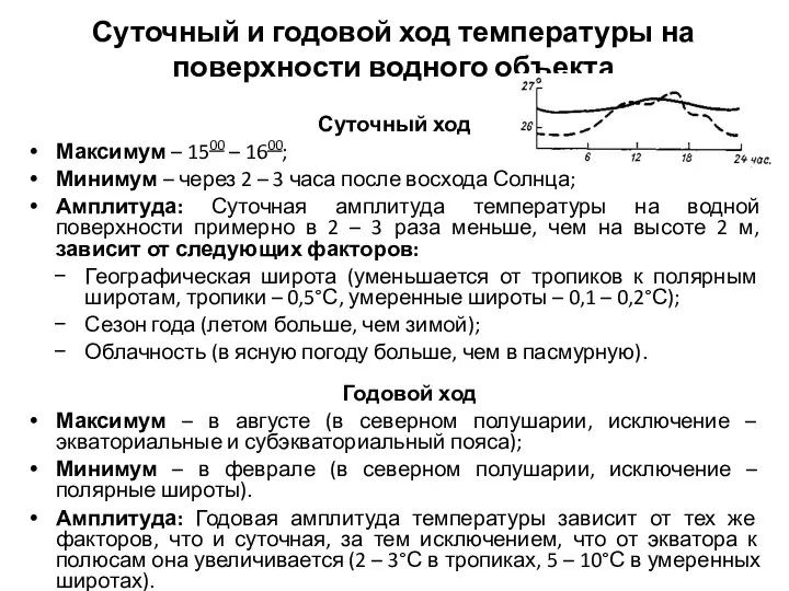 Суточный и годовой ход температуры на поверхности водного объекта Суточный