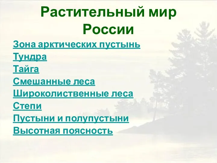 Растительный мир России Зона арктических пустынь Тундра Тайга Смешанные леса