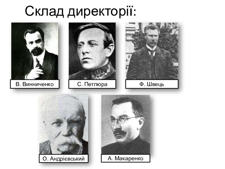 Склад директорії: В. Винниченко С. Петлюра Ф. Швець О. Андрієвський А. Макаренко