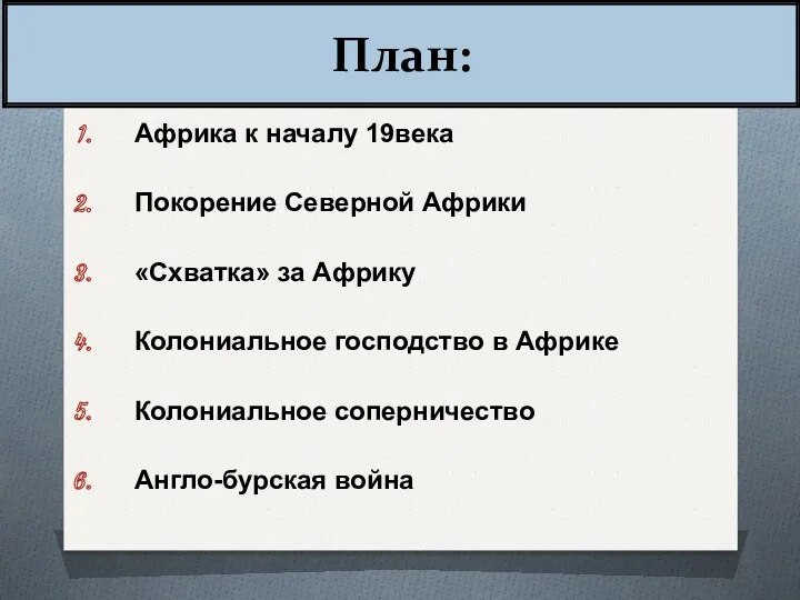 План: Африка к началу 19века Покорение Северной Африки «Схватка» за