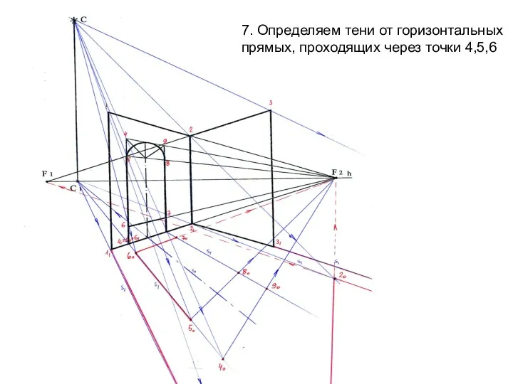 7. Определяем тени от горизонтальных прямых, проходящих через точки 4,5,6