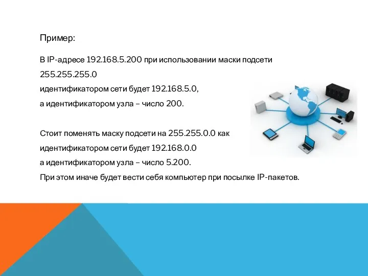 Пример: В IP-адресе 192.168.5.200 при использовании маски подсети 255.255.255.0 идентификатором сети будет 192.168.5.0,
