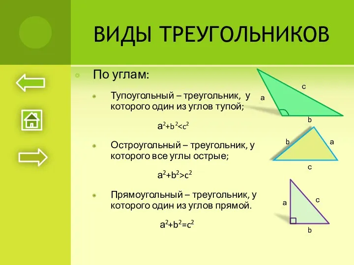 ВИДЫ ТРЕУГОЛЬНИКОВ По углам: Тупоугольный – треугольник, у которого один