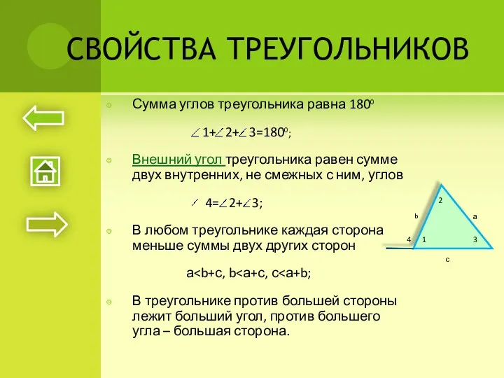 СВОЙСТВА ТРЕУГОЛЬНИКОВ Сумма углов треугольника равна 1800 1+ 2+ 3=1800;