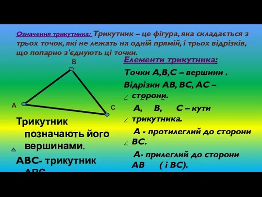 Означення трикутника: Трикутник – це фігура, яка складається з трьох