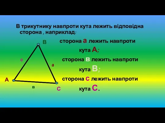 В трикутнику навпроти кута лежить відповідна сторона , наприклад: сторона