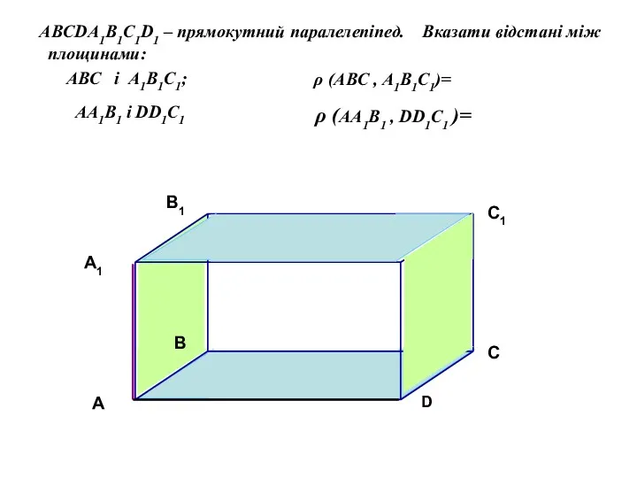 ABCDA1B1C1D1 – прямокутний паралелепіпед. Вказати відстані між площинами: ABC і