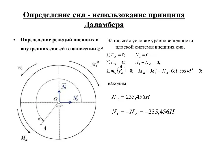 Определение сил - использование принципа Даламбера Записывая условие уравновешенности плоской