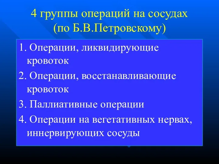 4 группы операций на сосудах (по Б.В.Петровскому) 1. Операции, ликвидирующие