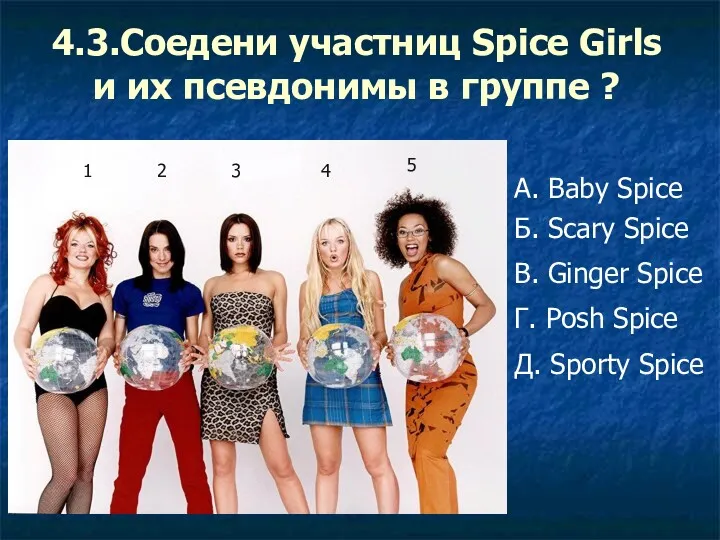 4.3.Соедени участниц Spice Girls и их псевдонимы в группе ?