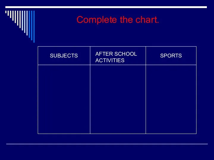 SUBJECTS AFTER SCHOOL ACTIVITIES SPORTS Complete the chart.